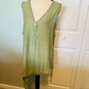 Paige Danielle Women SZ Medium Green Asymmetrical Sleeveless Linen Blend Top NEW